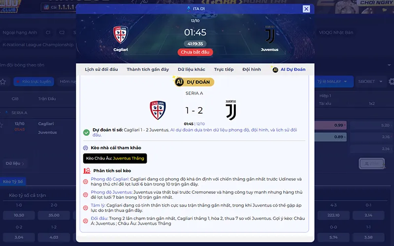 Dự đoán AI Cagliari vs Juventus 01h45 ngày 12/10/2026